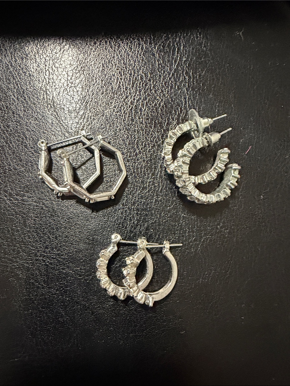 Silver Hoop Earrings Set - Shiny Sculpted Texture